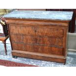 A 19th century French grey veined marble top flame mahogany commode,