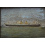 English school - A naive marine view with steam liner on the horizon, oil on board,