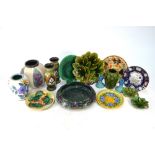 An interesting collection of European china including majolica leaf plates, a Dutch vase,
