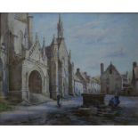 Tom Gough - Brittany street scene with church and well, watercolour, signed lower left,