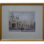 Dennis Page (b 1926) - 'Porters' Lodge and King's College Chapel, Cambridge', watercolour,