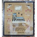 A large Victorian crossstitch and demi-point sampler worked with a church and spiritual verses