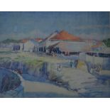 John Wilson - Coastal steps towards buildings, watercolour, signed lower right,