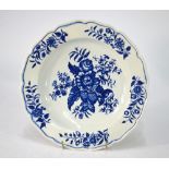 A Worcester first period blue and white shaped soup plate decorated with the fir cone pattern,
