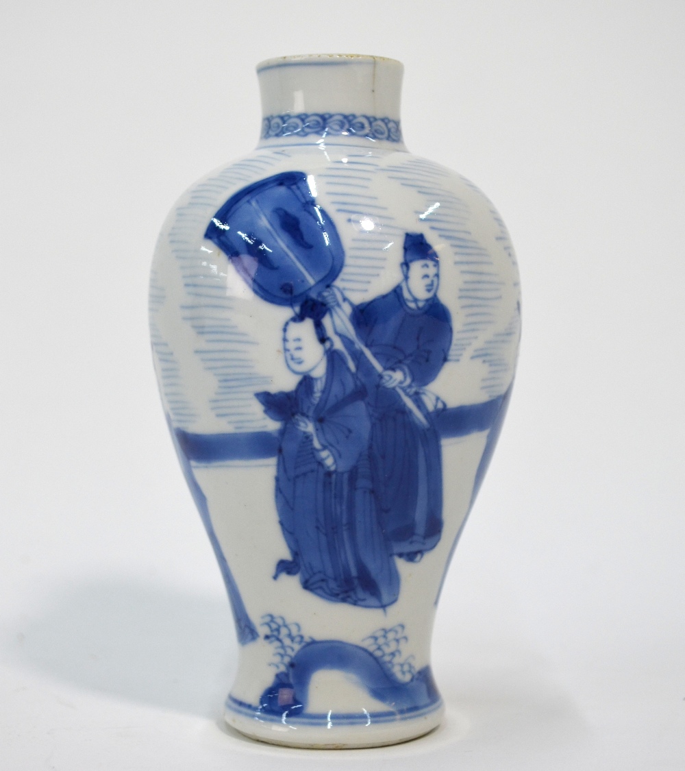 A Chinese small blue and white vase, decorated with scholars and a flower arrangement, 13 cm high, - Image 5 of 6