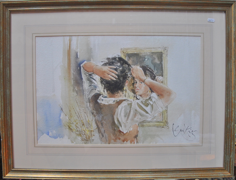 ** Gordon King (b 1939) - Lady brushing hair, reflected in mirror, watercolour, signed lower right, - Image 2 of 3