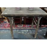 An antique Chinese provincial elm top wine table, heavily patinated from use, of rectangular form,