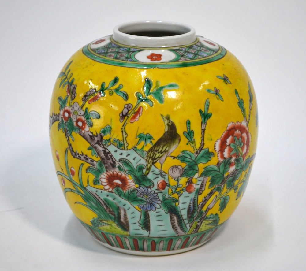 A Chinese yellow ground oviform vase decorated in famille verte style enamels with a bird perched