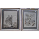 Italian school - Two en grisaille studies of trees in a landscape, watercolour,