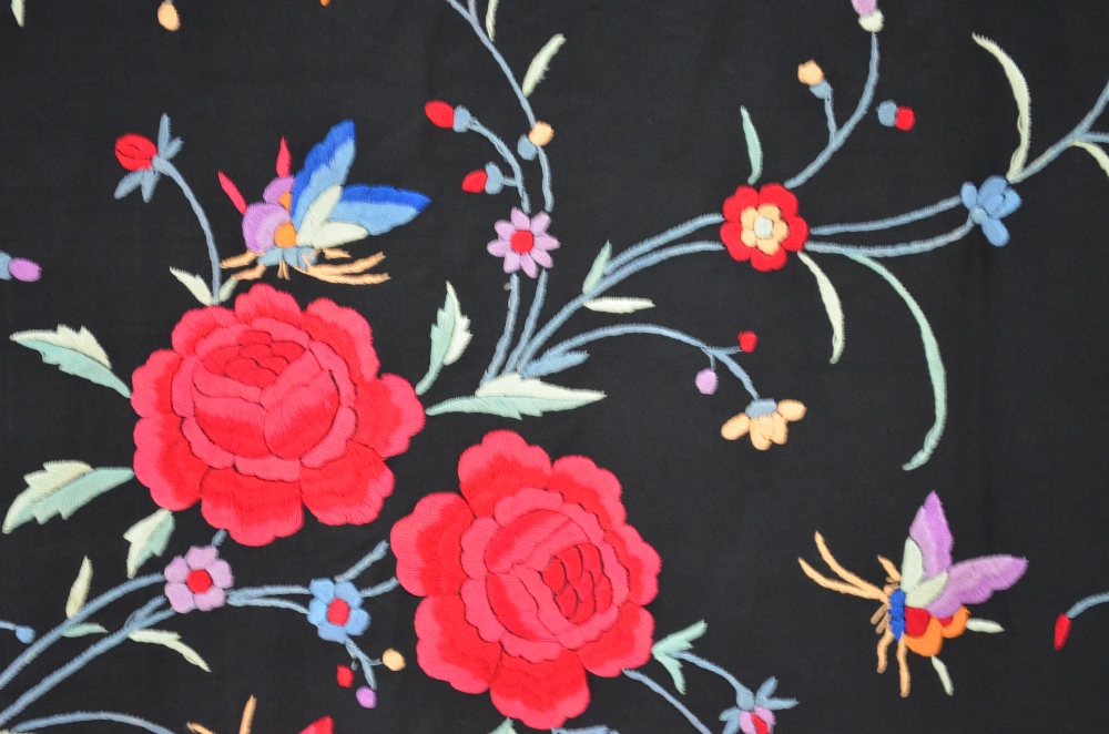 A Chinese silk black ground shawl, decorated with butterflies, - Image 8 of 10