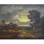 English school - A moonlit classical landscape with ruins and distant spire, oil on canvas,