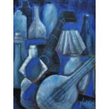 M Jaeco? - Abstract blue study of vessels and guitars, oil on canvas,