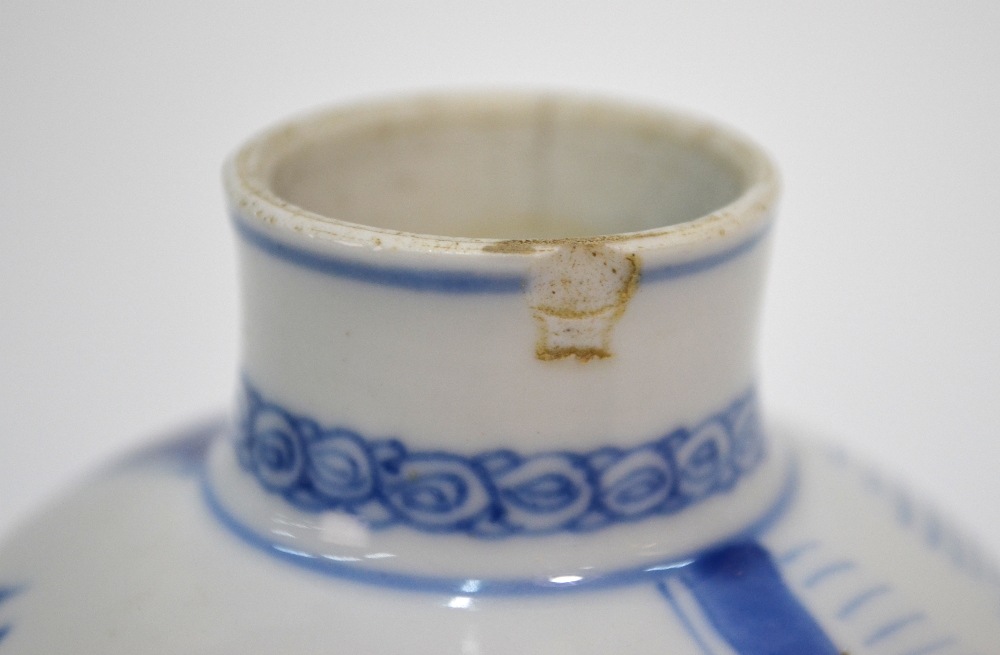 A Chinese small blue and white vase, decorated with scholars and a flower arrangement, 13 cm high, - Image 3 of 6