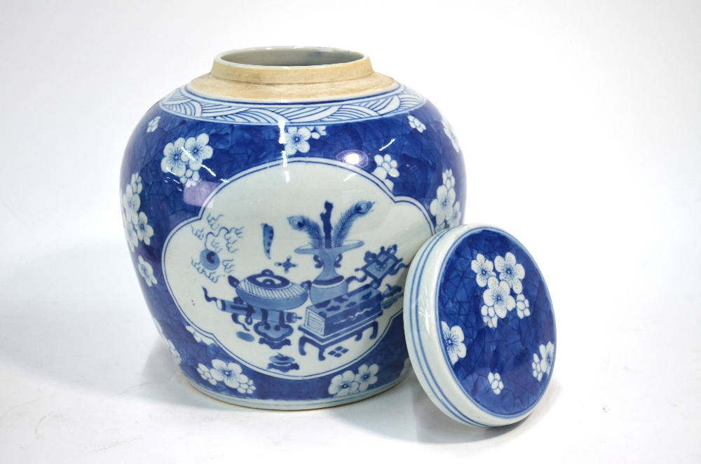 A Chinese blue and white oviform vase and cover, decorated with panels of scholar's implements, - Image 2 of 8