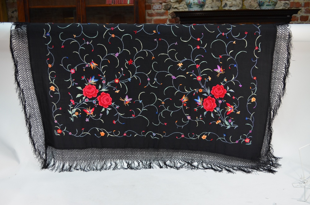 A Chinese silk black ground shawl, decorated with butterflies, - Image 6 of 10