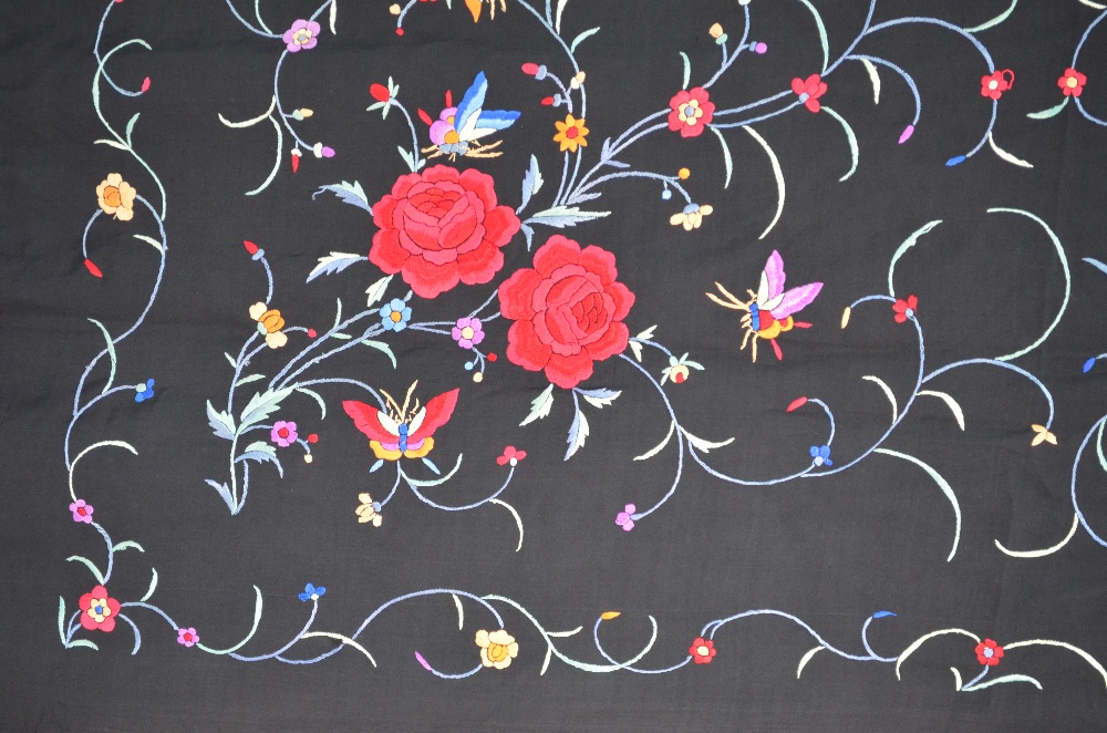 A Chinese silk black ground shawl, decorated with butterflies, - Image 7 of 10