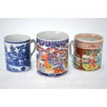 Three Chinese Export tankards of cylindrical form,