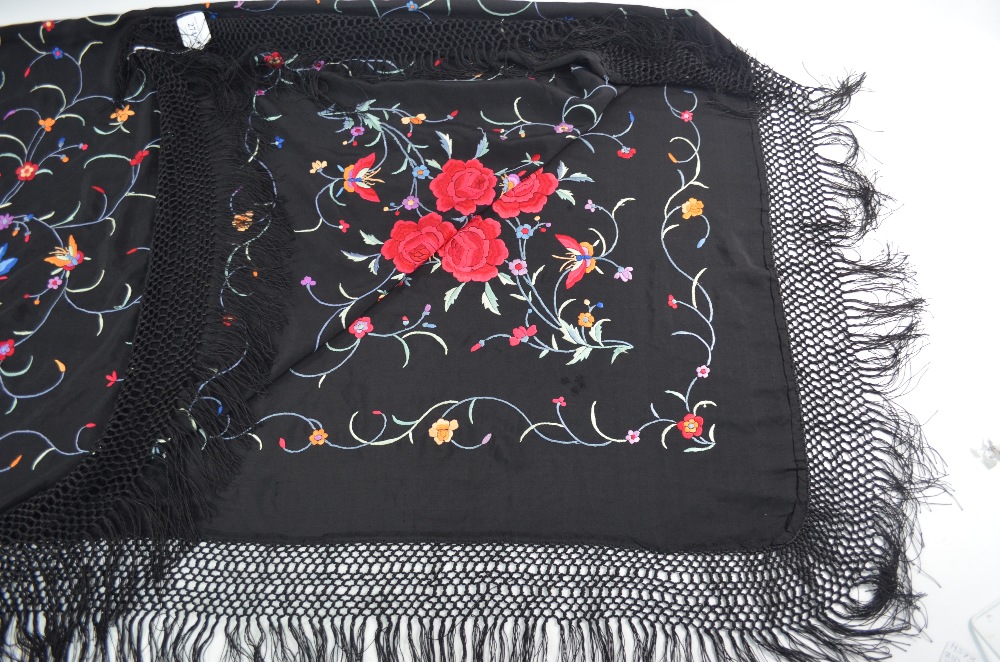 A Chinese silk black ground shawl, decorated with butterflies, - Image 3 of 10