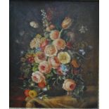 R Dogarth - Still life study with flowers, oil on canvas, signed lower left,