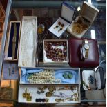 A mixed lot of vintage and later jewellery including Venetian beads, gilt metal brooch and earrings,