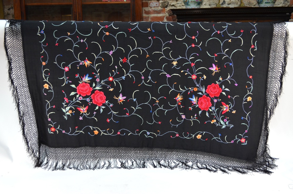 A Chinese silk black ground shawl, decorated with butterflies, - Image 5 of 10