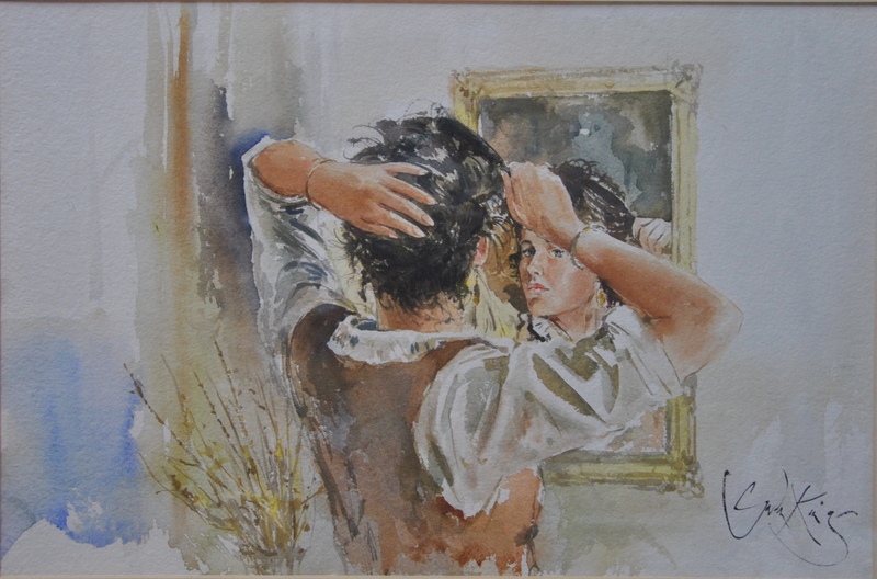 ** Gordon King (b 1939) - Lady brushing hair, reflected in mirror, watercolour, signed lower right,