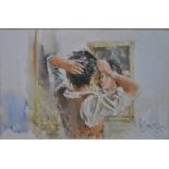 ** Gordon King (b 1939) - Lady brushing hair, reflected in mirror, watercolour, signed lower right,