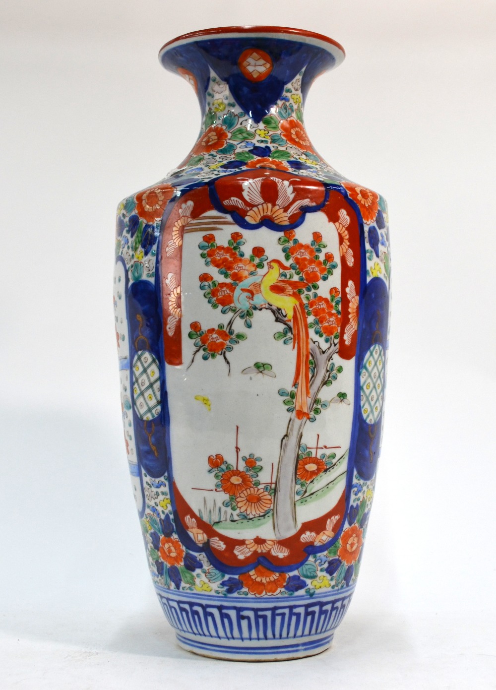 A Japanese Imari vase decorated in typical colours and green with one panel depicting a kacho-ga - Image 2 of 5