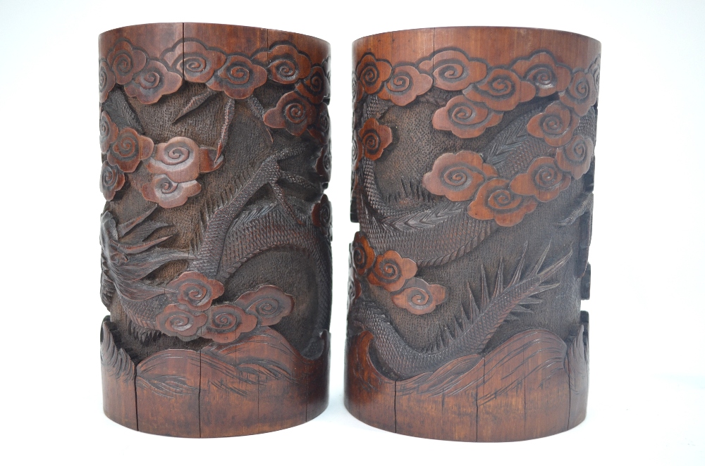 A Chinese pair of cylindrical bamboo bitong, each one decorated with dragons, - Image 5 of 10