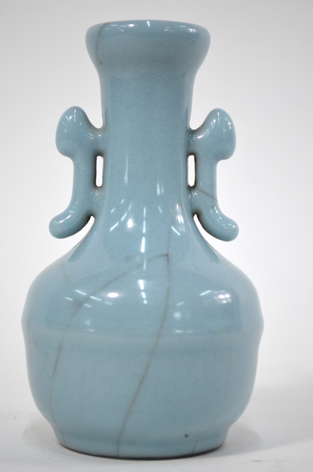 A Chinese small clair-de-lune (yueh pai style) vase with trumpet neck and pierced handles; - Image 4 of 4