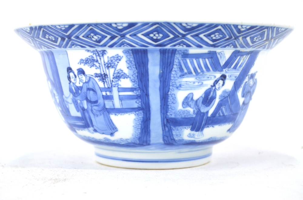A Chinese blue and white bowl, decorated with four panels of narrative scenes; 20 cm diameter, - Image 3 of 6