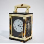 An ivory and tortoiseshell mignonne carriage clock with white metal pique-work,