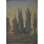 T B - Poplars with building behind fence, oil on board, signed with initials lower left,