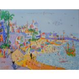 Doug Hinge - 'St Ives', a busy coastal view, oil on canvas, signed lower left, 70 x 91 cm,