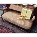A late 19th century ivorine inlaid rosewood salon sofa, with open arms,