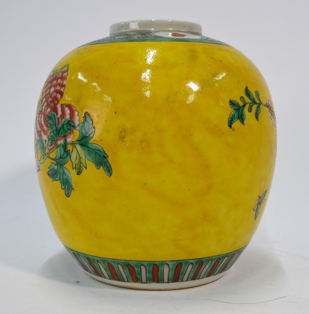 A Chinese yellow ground oviform vase decorated in famille verte style enamels with a bird perched - Image 3 of 4