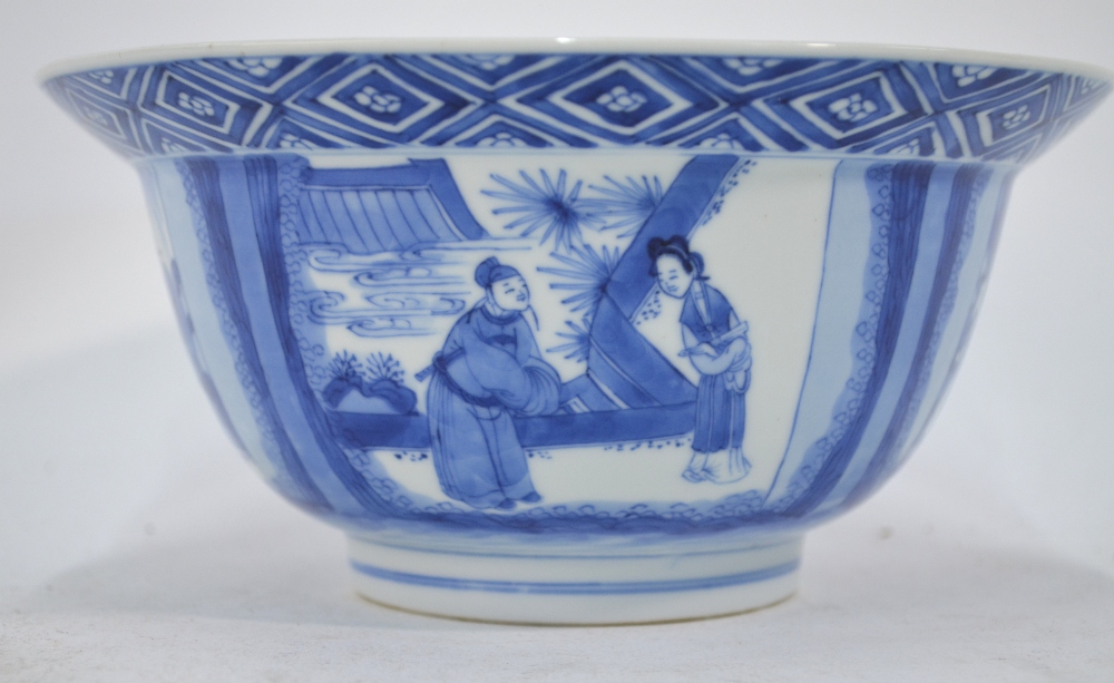 A Chinese blue and white bowl, decorated with four panels of narrative scenes; 20 cm diameter, - Image 2 of 6