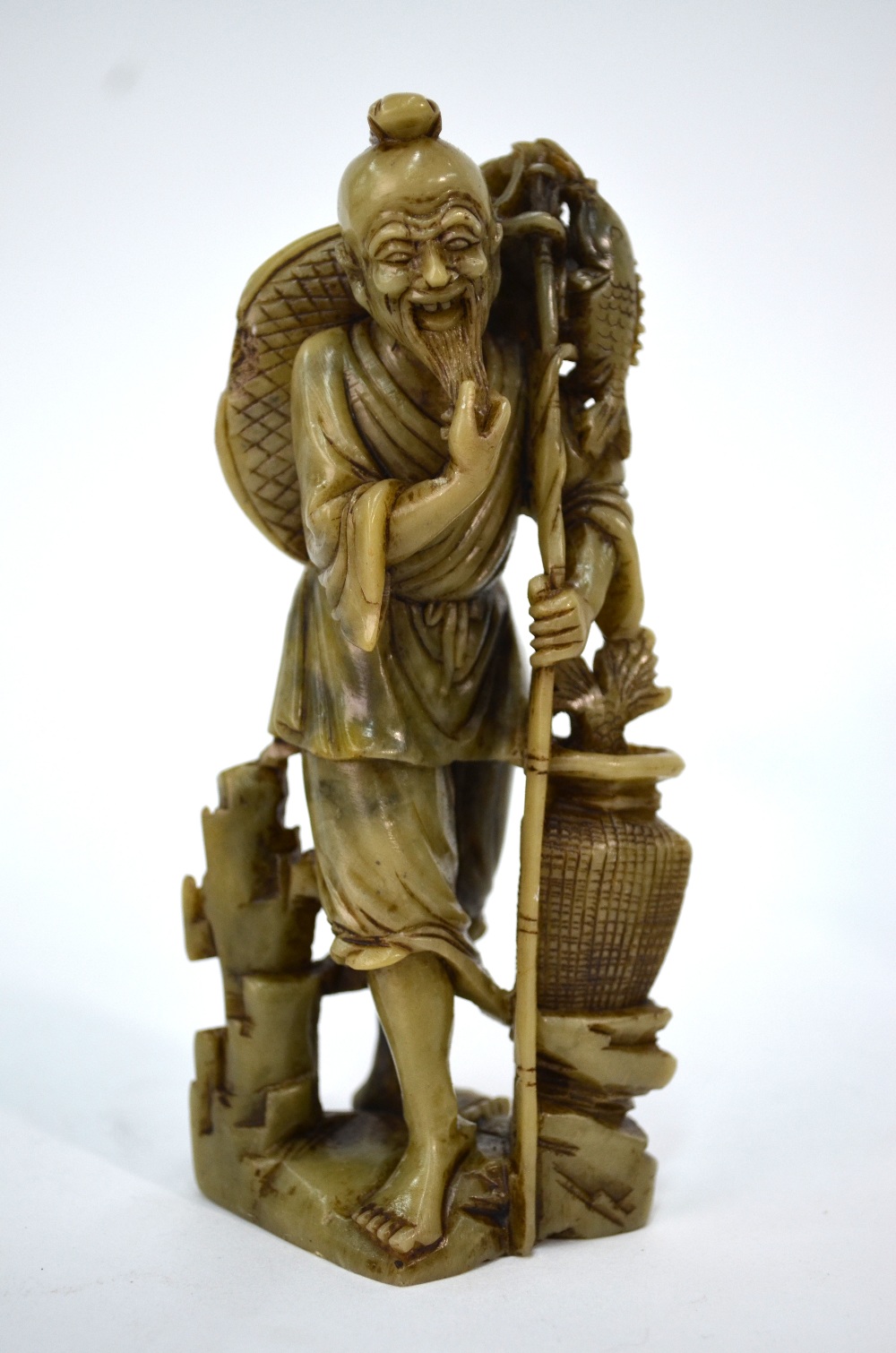 Three pieces of Chinese soapstone, comprising: a standing figure of a Fisherman, - Image 4 of 8