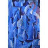 M Jaeco? - Abstract study of blue vessels, oil on canvas, signed lower right and on reverse,