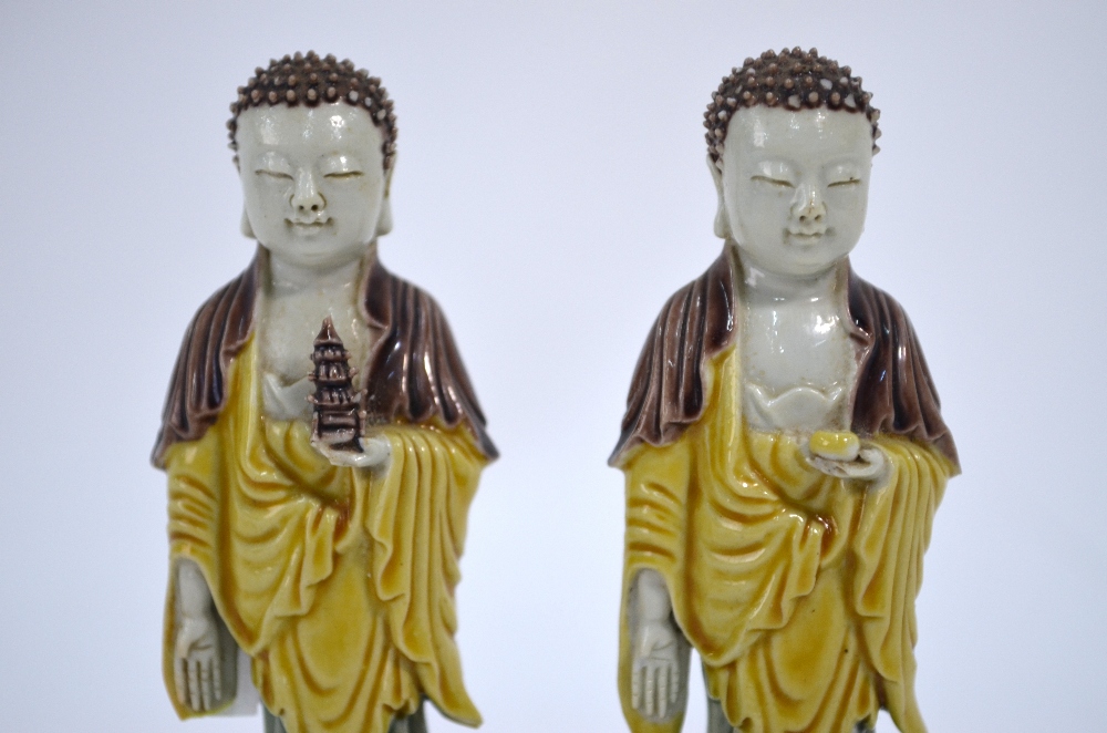 A Chinese associated pair of egg and spinach standing figures of Amitayus or Sakyamuni; - Image 3 of 6