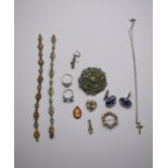 A mixed lot including two micro mosaic bracelets, blue paste brooch,