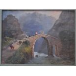 Italian school - Donkeys crossing a bridge over a river gorge, gouache,