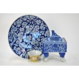 A Chinese blue and white rectangular incense burner with domed cover,