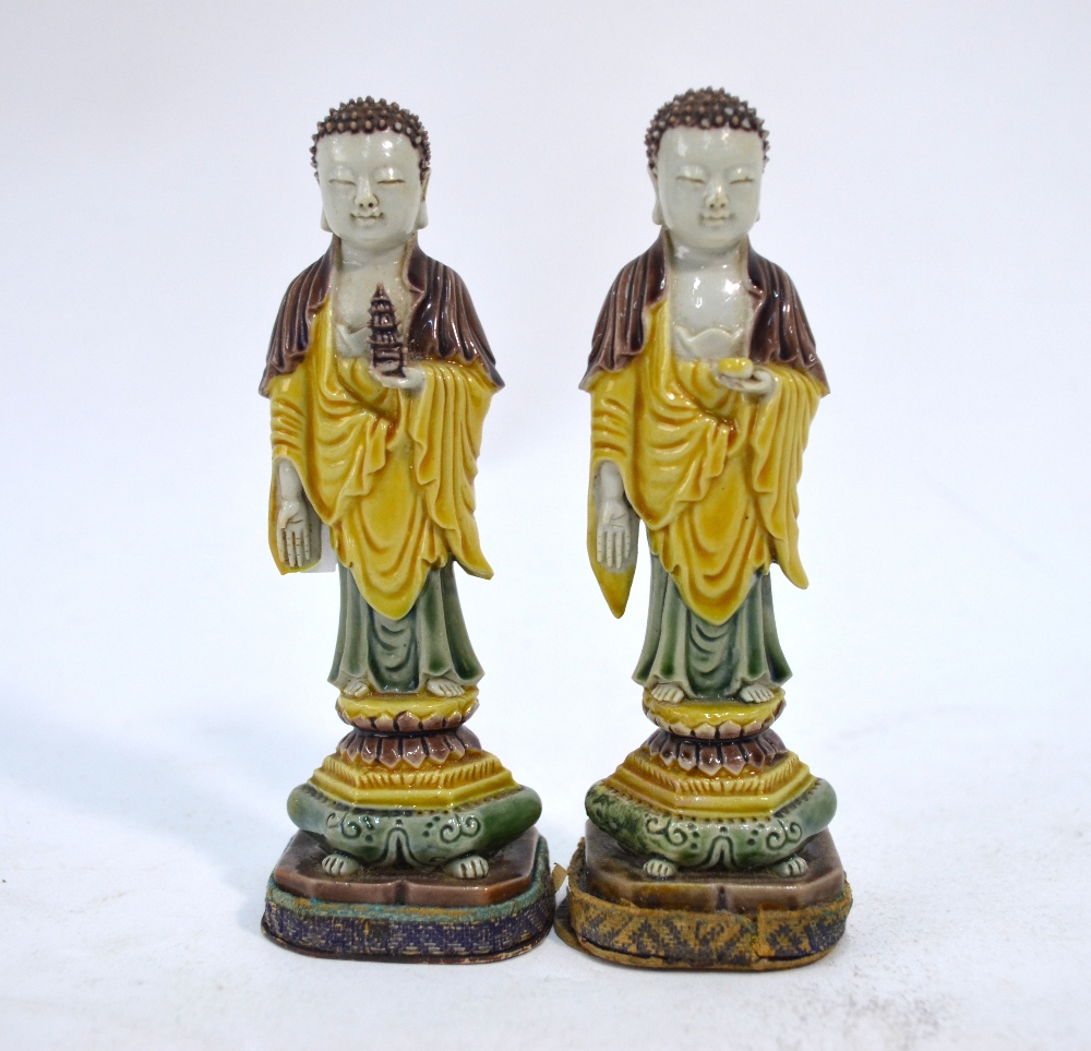 A Chinese associated pair of egg and spinach standing figures of Amitayus or Sakyamuni; - Image 2 of 6