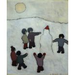 Georges Doussot (b 1947) - 'Touché', children building a snowman, oil on canvas,