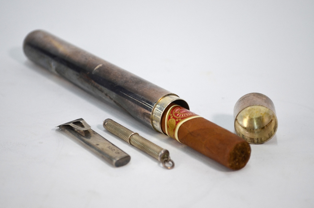 A Sterling cigar tube to/w a button-hole liner (for flower-stem),