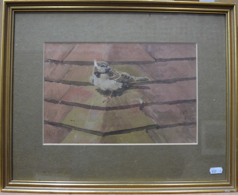 Gordon Beningfield (1936-98) attrib - A sparrow on red tiled roof, watercolour, 18.5 x 27. - Image 2 of 4