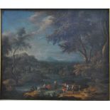 Continental school - An Italianate lake scene with figures, oil on canvas, 30 x 34 cm,