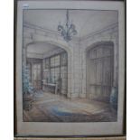 Cyril G Saunders - A pair of interior architectural room studies, watercolour, ink and crayon,