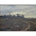 English school - Heath scene with figures beneath lone tree, oil on board,